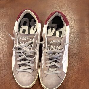 P448 Gray and White Sneakers with Red Accents